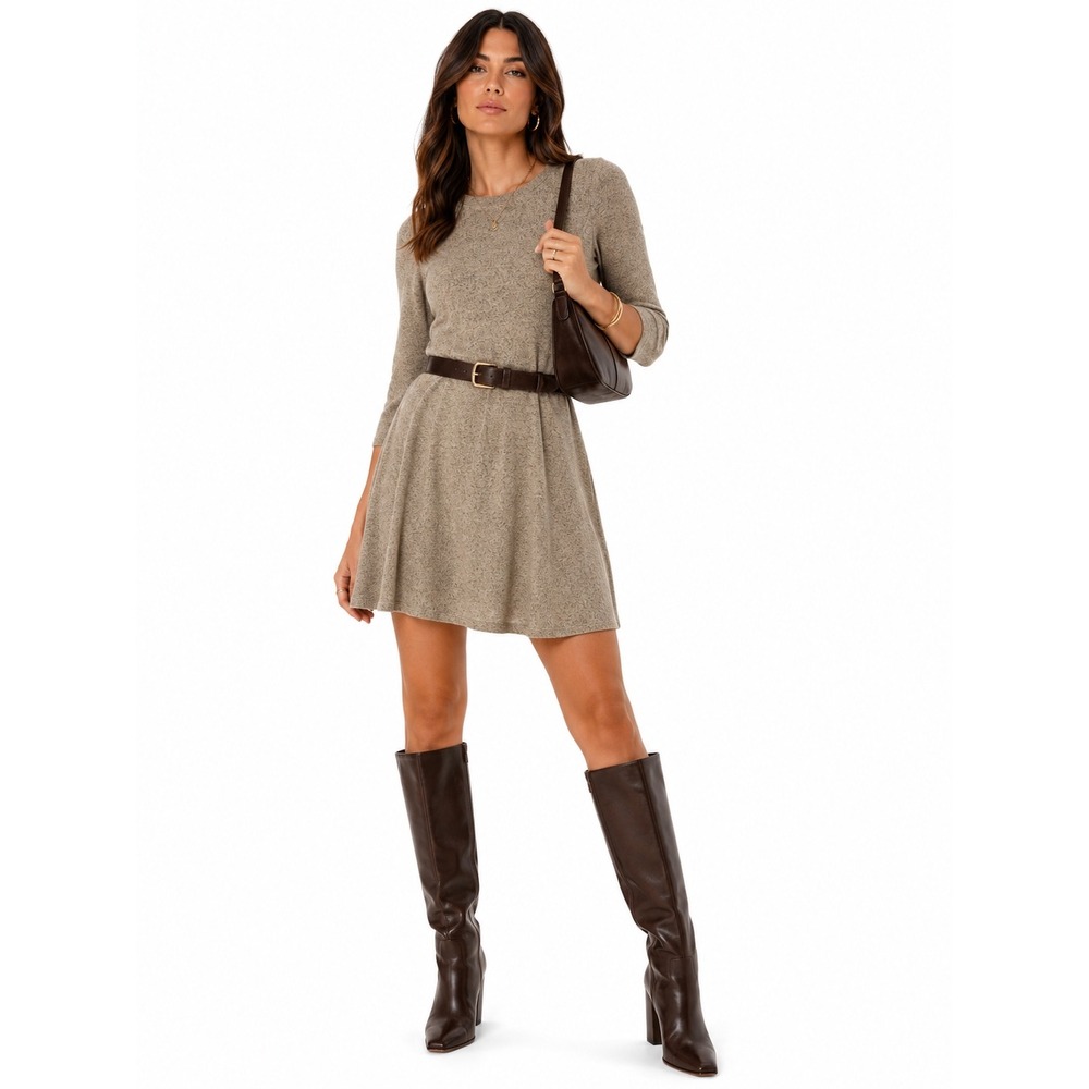 Minimalist Oatmeal Heather Knit Fit and Flare Dress Fortune + Ivy M